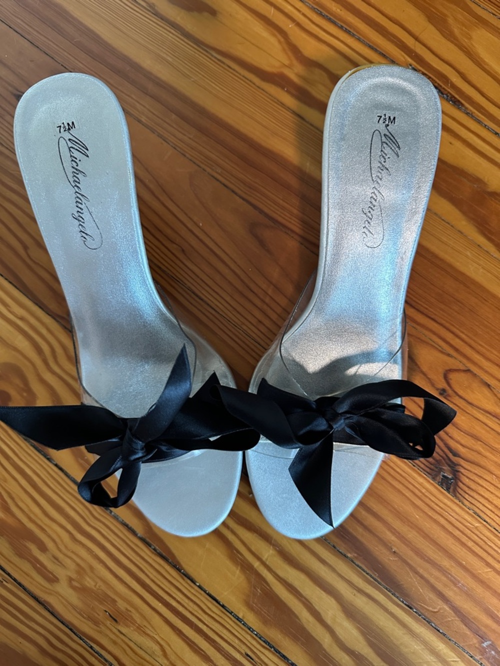 Michaelangelo Silver Slide Mules with Black Ribbon Bow